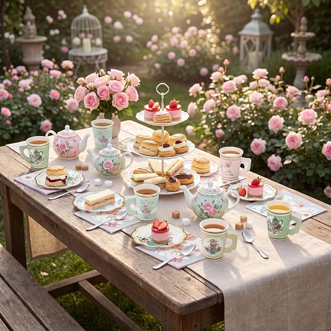 Yungyan 216 Pcs 72 Guest Tea Party Plates and Napkins Sets Floral Tea Party Supplies 6" Paper Plates, 9 oz Cups and Saucers Disposable Tableware Set for Birthday Wedding Bridal Shower Decorations