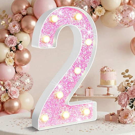 12.6 Inch LED Pink Marquee Light Up Numbers, Sweet 2nd Birthday Decorations Number Lights as Gifts for Girls Women, Glitter Lighted Marquee Numbers for Pink Anniversary Party Table Decor, 2