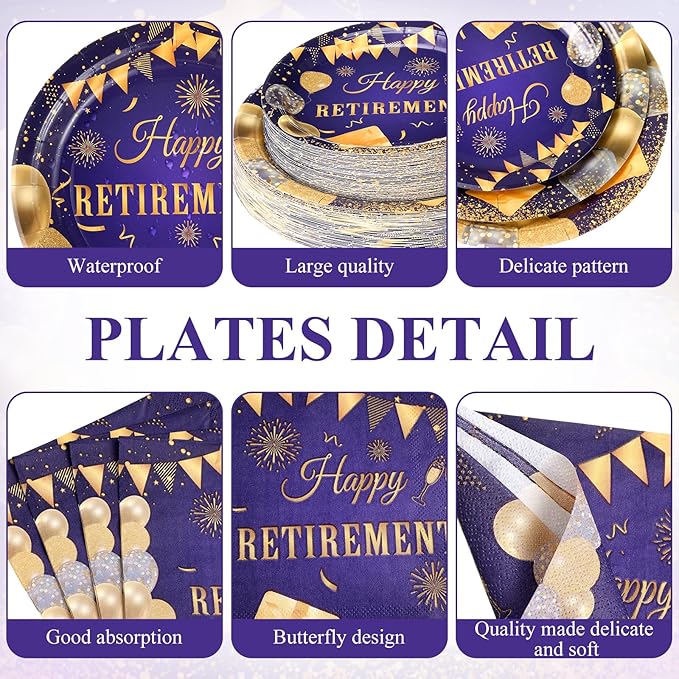 Funnymoom 452 Pcs Retirement Party Decorations Supplies Women Set Include Purple and Gold Retirement Paper Plates Napkins Cups Tablecloth Cutlery Straws for Men Women Say Goodbye Party