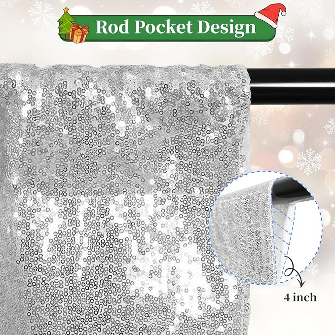 SquarePie 2 PCS 2x8ft Silver Sequin Backdrop Curtains, Satin-Backed Shimmering Photo Booth Background, 2 Panels Narrow Real Sequin Drapes with 4" Rod Pocket for Party, Baby Shower, Doorway Decor