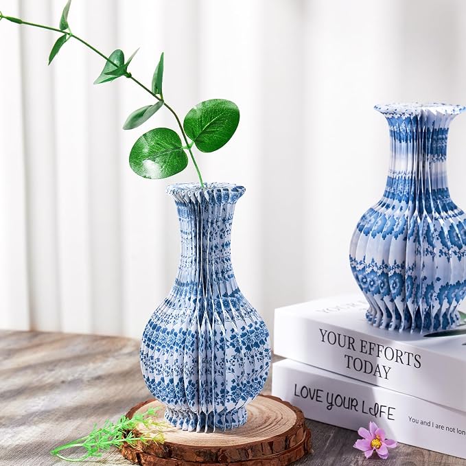 SUNBEAUTY 3 Pcs Blue and White Paper Honeycomb Vases, Mini Chinoiserie Vintage Paper Vase Set with Magnetic Closure, Chinese Style Table Centerpieces for Wedding,Baby Shower, Home & Party Decor