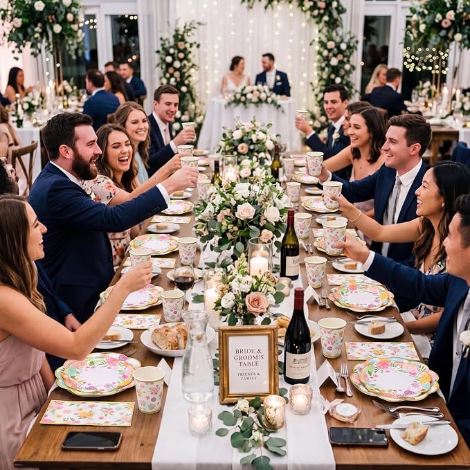 Pickmesh 250 Pcs Garden Blooms Wildflower Disposable Tableware Set Watercolor Floral Paper Plates Napkins and Cups for Wedding Birthday Party Supplies Bridal Baby Shower Engagement, Serve 50 Guest