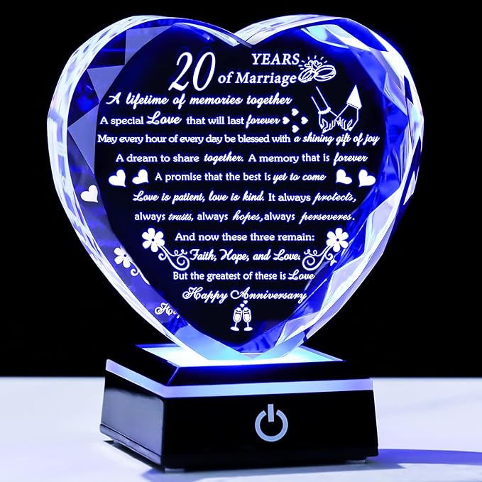Arikyrist 20th Anniversary Crystal Heart Gifts for Wife Husband, Laser Engraved Romantic 20 Year Wedding Anniversary Keepsake Gifts Ideas for Her Him, 20 Years of Marriage Gift for Couples Friends