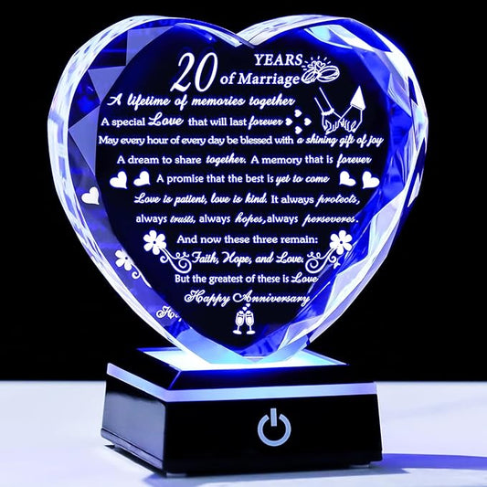 Arikyrist 20th Anniversary Crystal Heart Gifts for Wife Husband, Laser Engraved Romantic 20 Year Wedding Anniversary Keepsake Gifts Ideas for Her Him, 20 Years of Marriage Gift for Couples Friends