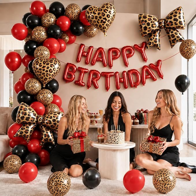 Red and Black Cheetah Print Birthday Decorations Black Dark Red Leopard Print Latex Balloons 16 18 32 In Happy Birthday Foil Balloon Banner Bow Heart Balloons for Girls Women Bday Party Decor