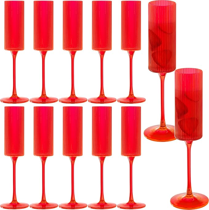 JLYLOL 12 Pcs Red Plastic Champagne Flutes 6OZ Large Ribbed Champagne Glasses Toasting Glass Plastic Goblets for Parties Vintage Mimosa Bar Glasses Elegant Stemmed Drinking Cups for Wedding Bride