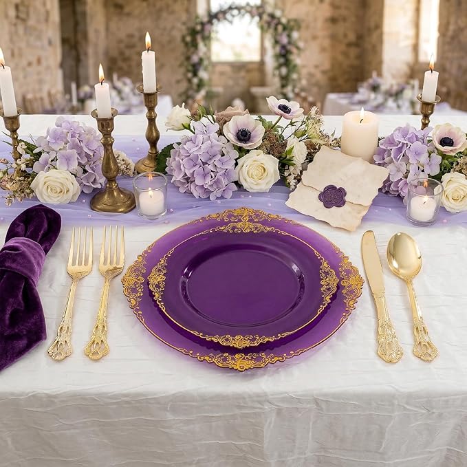102PCS Purple and Gold Plastic Plates - High End Purple Disposable Plate - Vintage Dinner & Dessert Plates for 51 Guests Birthday Party Wedding