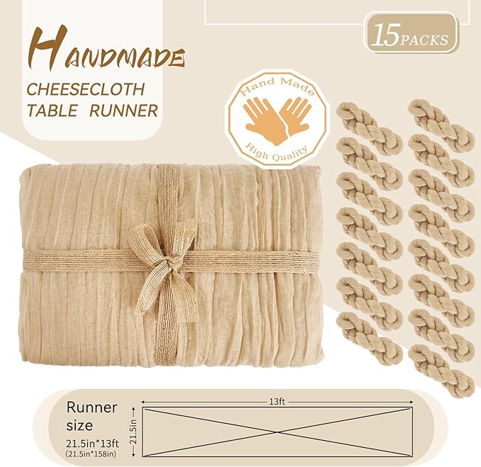 15 Packs Cheesecloth Table Runner Beige,13 Ft Light Brown Rustic Gauze Boho Wedding Table Runner Decoration, Wedding Table Decor Table Cloth for Wedding Party Bridal Shower Table,21.5x157in