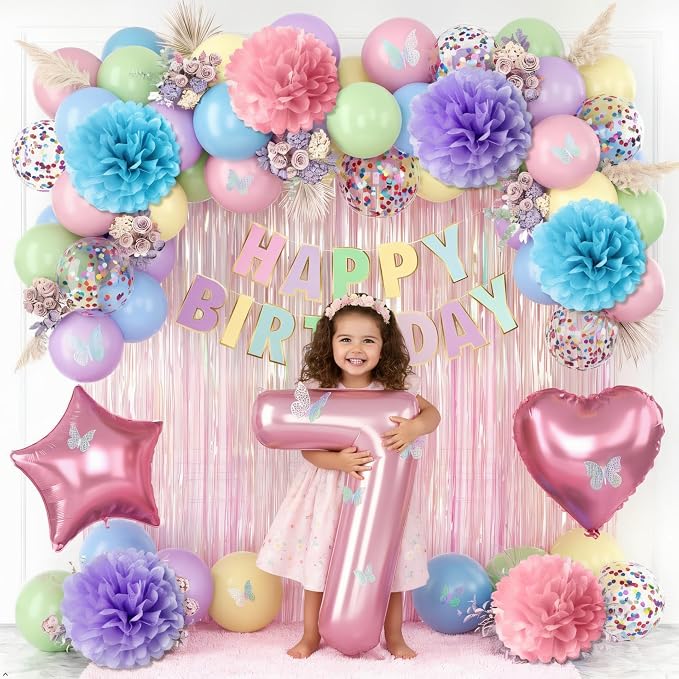 Pastel 7th Birthday Party Decorations for Girls Number 7 Balloon Happy Birthday Banner Butterfly Stickers Fringe Curtain Paper Pom Poms Macaron Pink Star Heart Foil Colorful Balloons 7 Year Old Decor