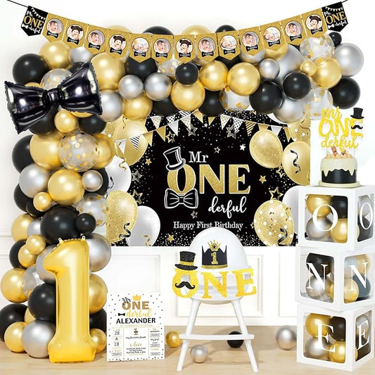 Hombae Mr Onederful 1st Birthday Decorations - Boy's First Black Gold Little Man Party Decorations, Backdrop, Balloon, Photo, Highchair Banner, Box Cutout, Cake Topper, Crown, Poster