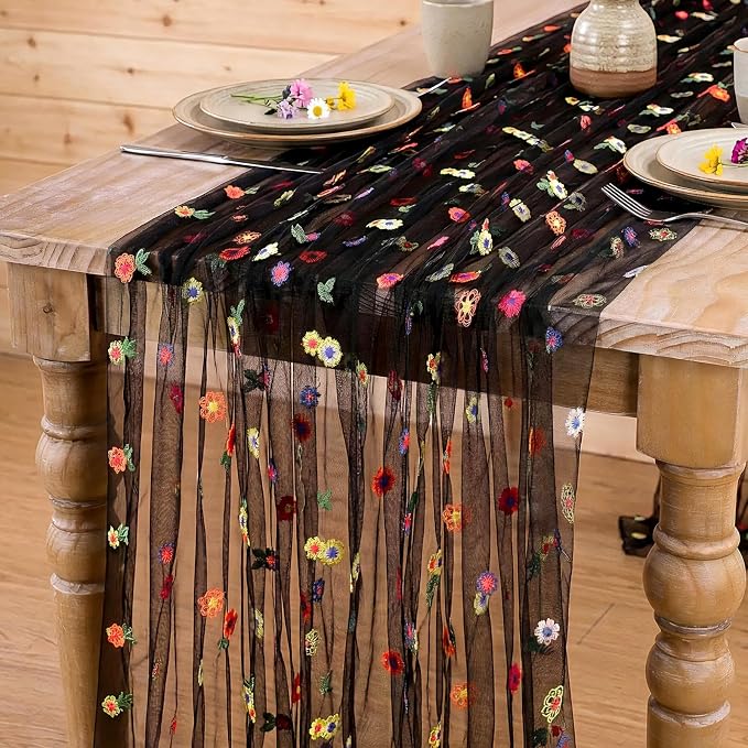 QueenDream Black Flower Table Runner 3 Pcs 10FT Gauze Tulle Fabric with Embroidery Daisy for Home Party Spring Baby Bridal Shower Party Decoration