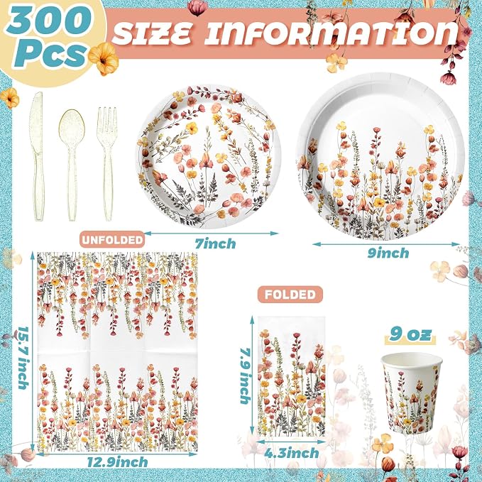 Sinmoe 400 Pcs Spring Wildflowers Plates and Napkins Set Paper Flower Dinnerware Disposable Party Supplies for 50 Guest Dinnerware Knife Fork Spoon for Spring Summer Birthday Baby Shower Party