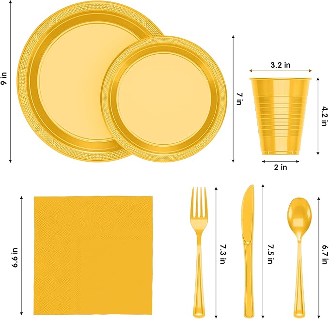 350 Pcs Yellow Plastic Plates For Party, Yellow Disposable Plates Set, 50 Of Each 9" Dinner Plate Set, 7" Dessert Plate, Cups, Napkins & Cutlery Plastic Dinnerware Set Exquisite