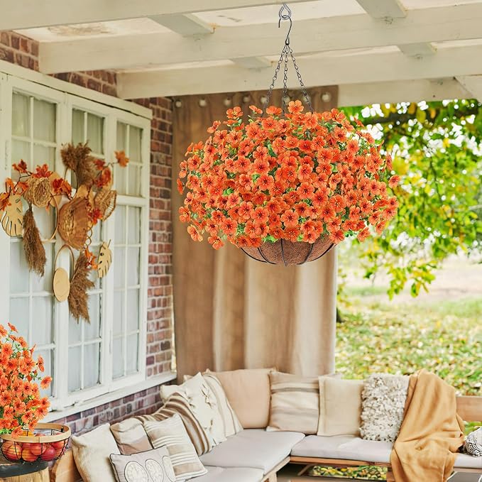 AGIRL Artificial Hanging Flowers with Baskets for Outdoors,UV Resistant Fake Hanging Plants for Outdoor Porch Patio Garden, Realistic Silk Flowers for Spring Summer Home Decor(Orange)