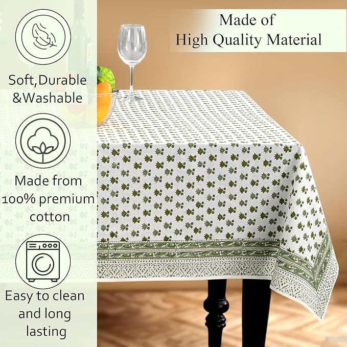CPC Lotus Meadow Tablecloth 100% Cotton 80x120 Inch Indian Block Print Rectangle Table Cover, Table Cloth for Gifting in Weddings, Halloween, Fall, Christmas, Thanksgiving