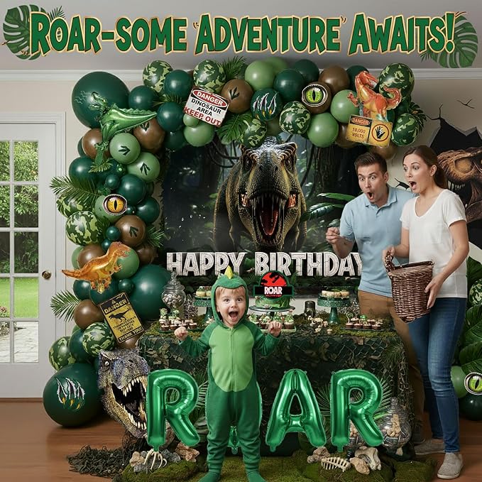 Dinosaur Birthday Decorations with Hunter Green Brown balloon arch & small T-Rex Foil balloons & backdrop Sign & Artificial Palm Leaves for Boys Jungle Safari Dino ROAR Party Supplies (Green Brown)