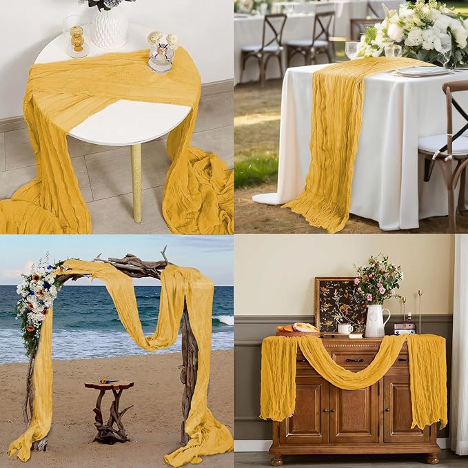 12 Pack Gold Cheesecloth Table Runner, 35x120 Inch Mustard Boho Gauze Table Runner 10ft Rustic Sheer Cheese Cloth Runners for Bridal Shower Wedding Party Baby Shower Table Decor