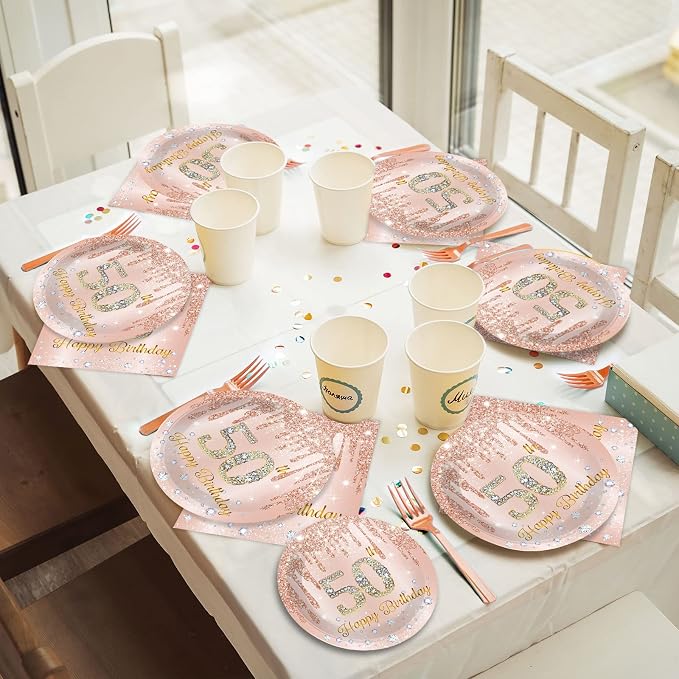 96 Pieces 50th Birthday Tableware Set for Pink Rose Gold 50th Birthday Table Decorations Supplies Pink Rose Gold Happy 50 Years Old Dessert Paper Plates Napkins Forks for 24 Guests Women Supplies
