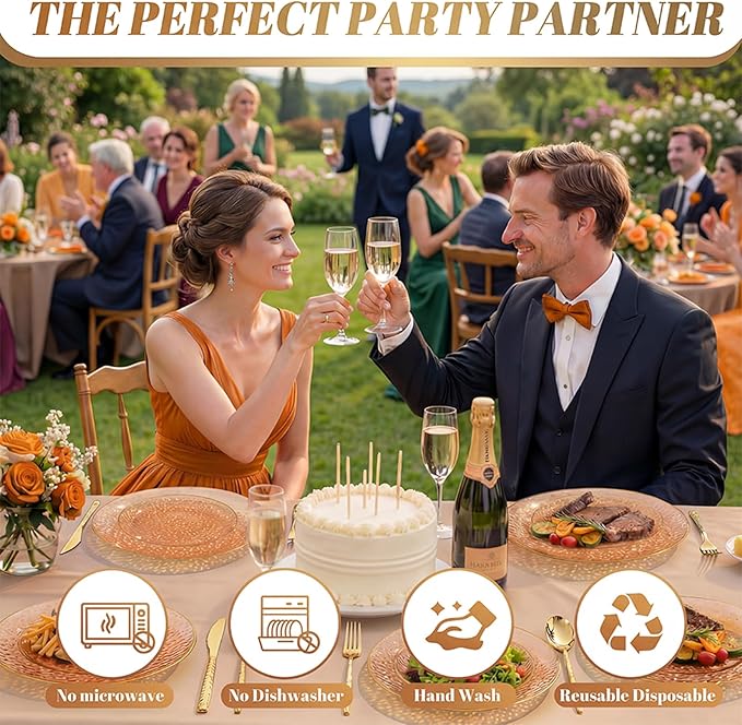 I00000 150Pcs Clear Orange Plastic Plates with Gold Rim,Orange Disposable Plastic Plates,Gold hammer patterned Disposable plates Set include 30 Dinner Plate,30 Dessert Plate,90 Silverware Set