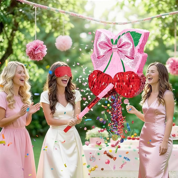 WERNNSAI Cherry Piñata - Pink Bow Party Decorations Cherry Bow piñata with Blindfold and Stick for Girls Coquette Birthday Decorations Princess Bridal Shower Bachelorette Wedding Supplies