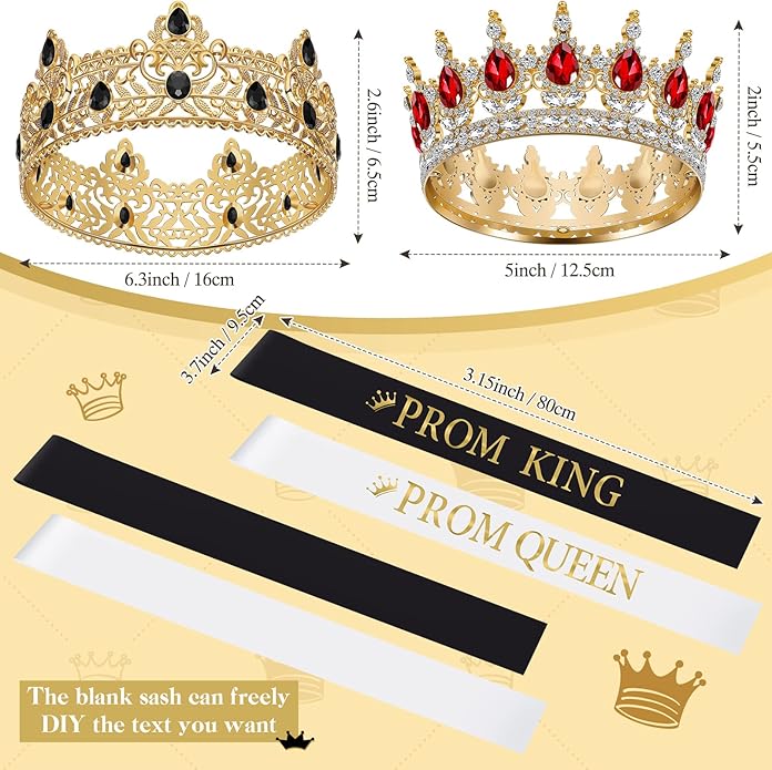 6 Pieces Prom King and Queen Crowns Sashes Set, Crystal Tiara for 2026 Homecoming Graduation Party Birthday Wedding