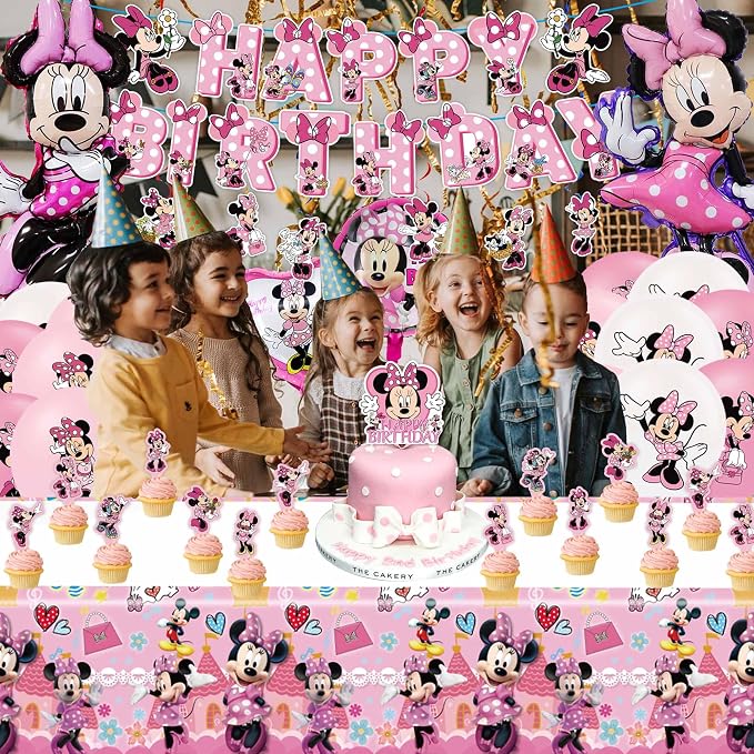 Pink Birthday Party Decorations Kit, Cartoon Birthday Supplies, Includes Happy Birthday Banner, Foil Balloons, Tablecloth, Backdrop, for Adult Themed Party Supplies