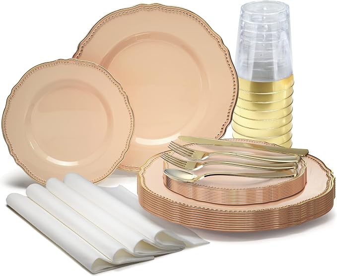 " OCCASIONS " 640pcs set (80 Guests)-Heavyweight Wedding Party Disposable Plastic Plate Set -80 x 10.25'' + 80 x 7.5'' + Silverware + Cups + Napkins (Rochelle Antique Rose & Gold)