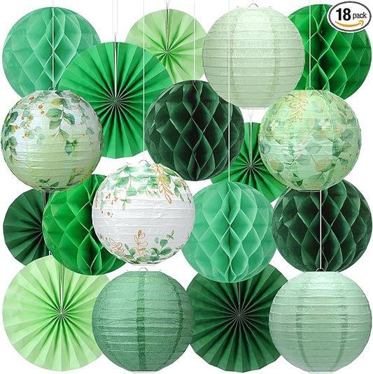 Retisee 18 Pcs Eucalyptus Leaves Sage Greenery Party Decorations Eucalyptus Leaves Hanging Paper Lanterns Sage Green Honeycomb Fans Honeycomb Ball for Neutral Green Theme Party Ceiling Decor Supplies