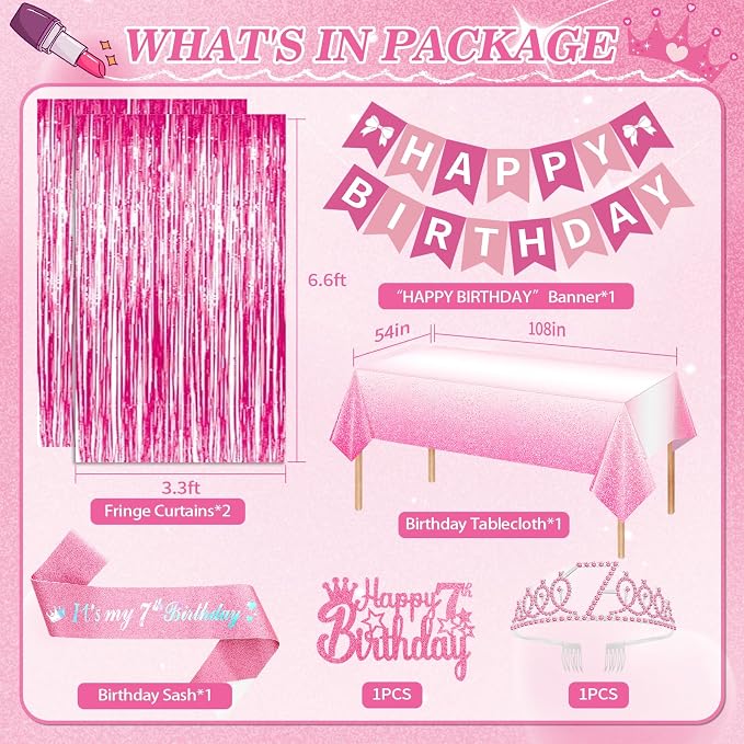 7th Birthday Decorations for Girls, Pink Party Decorations with Number 7 Balloon Happy Birthday Banner Bday Sash Crown Tablecloth Fringe Curtain Hanging Swirl for 7 Balloons for Bday Girl