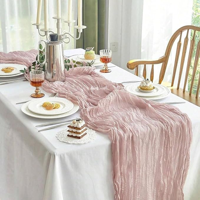 Dusty Pink Cheesecloth Table Runner 21x120 Inch Gauze Table Runners Reusable Polyester 10ft Boho Rustic Cheese Cloth Table Runner for Wedding Party Baby Shower Birthday