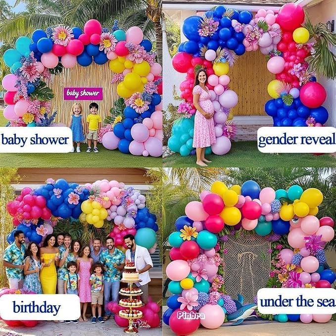 Hot Pink Blue Yellow Balloon Garland, Double Stuffed Royal Blue Teal Lavender Balloons Pastel Balloon Arch Kit for Tropical Hawaii Graduation Birthday Baby Shower Party Decorations