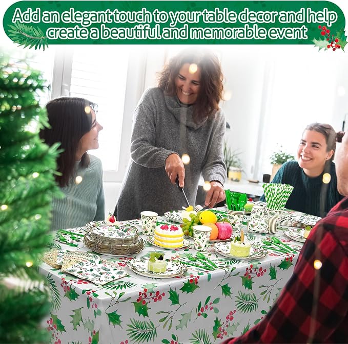 Funnymoom 452 Pcs Christmas Party Supplies for 50 Guest, Holly Berry Leaves Holiday Xmas Paper Plates Napkins Cups Tablecloth Cutlery Straws Disposable Tableware for Merry Christmas Party Decorations