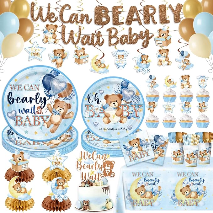 NeoRov 222 Pcs Blue Bear Baby Shower Decorations Tableware Set | Service 25 Guests | Includes Banner, Cake Topper, Balloons, Plates And Napkins Paper Cup | For Boy Baby Shower
