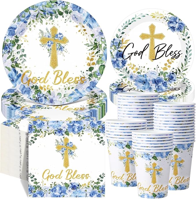 Pickmesh 250 Pcs Blue Baptism Cross Disposable Tableware Set Confirmation Baptism Disposable Paper Plates Napkins Cups for First Holy Communion Christening Baby Shower Boy Religious Supplies, Serve 50
