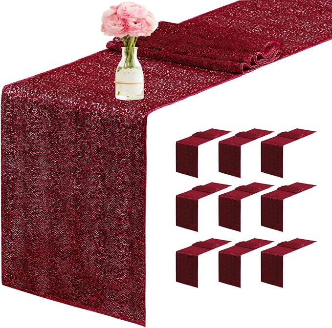 10 Packs 12 x 72 inches Sequin Table Runner, Burgundy Glitter Table Runner for Birthday Party Supplies Wedding Engagement Baby Shower Holiday Celebration Event Decorations