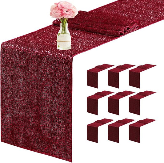 10 Packs 12 x 72 inches Sequin Table Runner, Burgundy Glitter Table Runner for Birthday Party Supplies Wedding Engagement Baby Shower Holiday Celebration Event Decorations