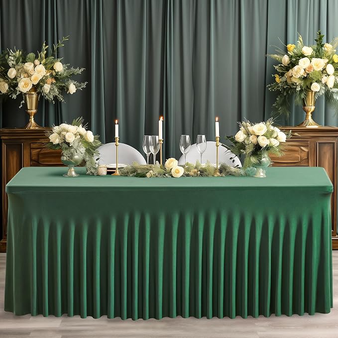 Wish Care 6 Pack Hunter Green Stretch Spandex Table Clothes for 8 Foot Rectangle Tables, 8FT Wrinkle Free Fitted Tablecloths Ruffles Design Table Cover for Party, Banquet, Wedding and Events
