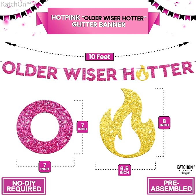 KatchOn, Glitter Older Wiser Hotter Banner - No DIY, 10 Feet | Birthday Decorations for Women | Hbd Banner Backdrop For Pink Party Decorations | Funny Birthday Decorations