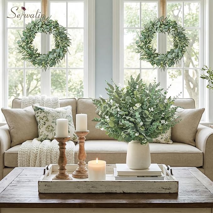 Serwalin 100pcs Artificial Mixed Eucalyptus Stems Leaves Bulk, 4Kinds Fake Greenery Silver Dollar Eucalyptus Leaves Picks,Faux Greenry Stems Sprays for DIY Bouquets Floral Arrangement Home Decor