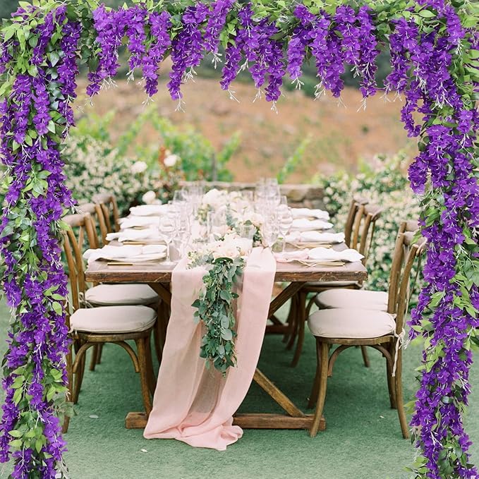 dallisten Wisteria Artificial Flowers Garland, 4Pcs 7.2Ft/Piece Silk Fake Wisteria Vine Kit, Hanging Flower for House Outdoor Garden Ceremony Outside Wedding Arch Floral Decor (4, Purple)