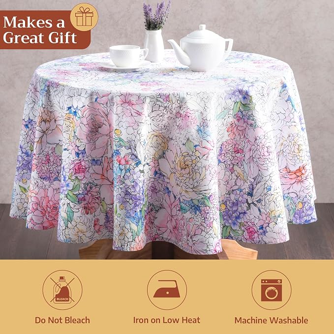 Maison d' Hermine Table Cloth Round Table 100% Cotton 63 Round Inches Tablecloth Reusable Decorative for Dining Kitchen Room Farmhouse Party Home Hotel Restaurant Spring Summer - Floral Love
