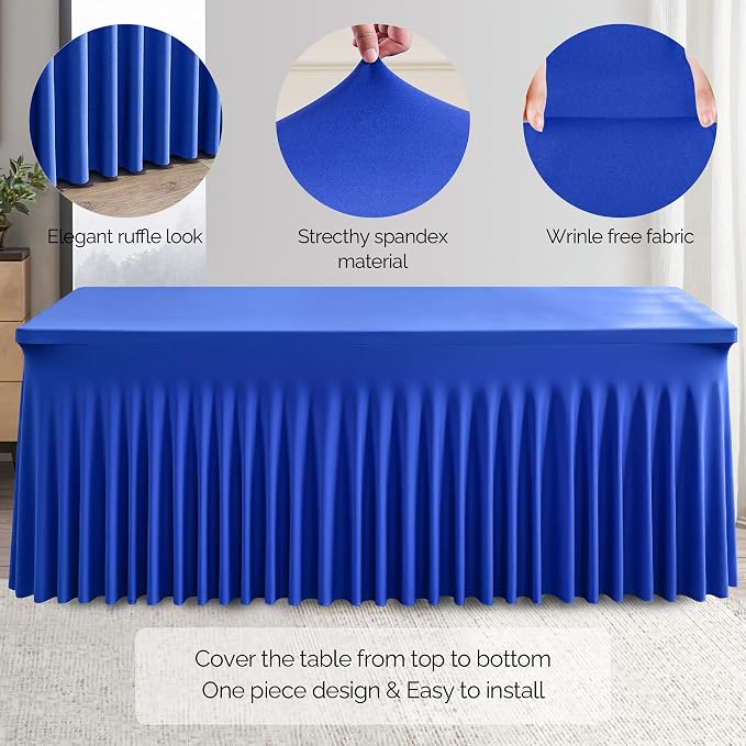Wish Care 2 Pack Royal Blue Spandex Table Clothes for 6 Foot Rectangle Tables, 6FT Wrinkle Free Fitted Tablecloths Ruffles Design Table Cloth for Party, Banquet, Wedding and Events