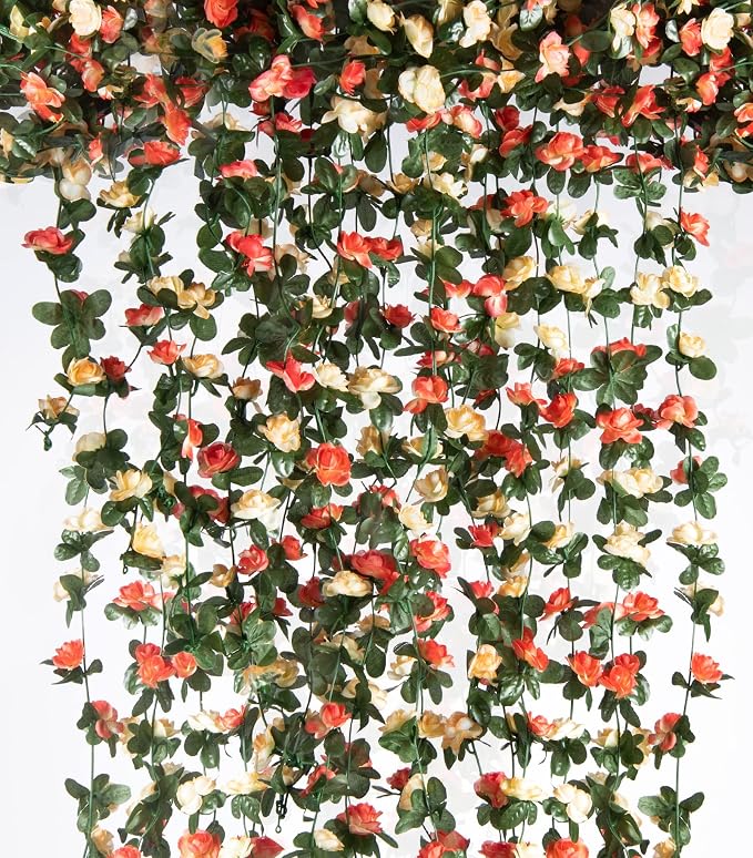 PONKING 6 Pcs x 8.2 ft Flower Garland Artificial Rose Vine Flowers with Green Leaves Hanging Fake Roses Vine for Room Party Home Wedding Birthday Christmas Wall Arch Decor, Champagne Flower