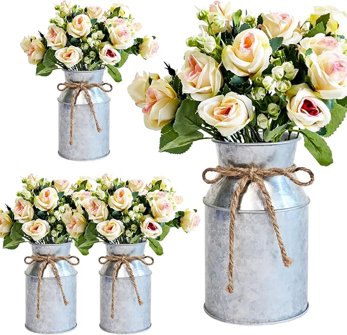 4 Sets Farmhouse Wedding Flower Centerpiece for Tables Decorations, Rustic Artificial Roses Bouquet with Metal Galvanized Vase Pot for Party Bridal Shower Event (Silver Vase & Champagne Roses)