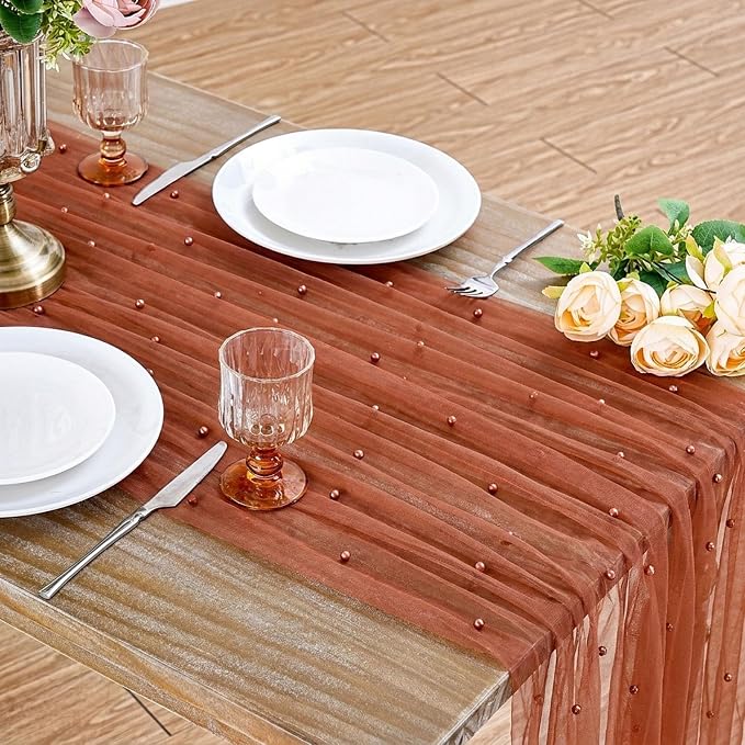 Pearl Gauze Table Runner Tulle Fabric: 10ft Seasonal Dessert Chiffon Pearl Lace Boho Overlay Wedding Veil Outdoor Wedding Aisle Runner Party Decorations Doilies, Terrcotta