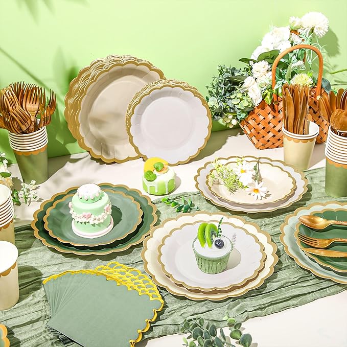 Mimorou 338 Pcs Sage Green Plates and Napkins Party Supplies for Guests Sage Green Tableware Include Scalloped Plates Paper Napkin Cup Spoon Fork Knife for Baby Shower, Wedding, Birthday