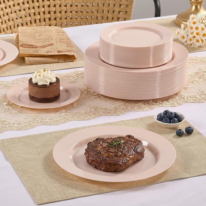 Fijinhom 100PCS Pink Disposable Plates for 50 Guests Including 50PCS 10" Dinner Plates & 50PCS 7" Dessert Plates, Pink