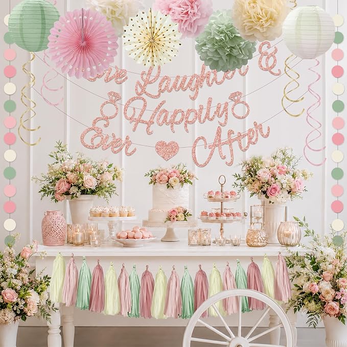 Bridal Shower Decorations,Sage Green Pink Bridal Shower Decorations Includes Love Laughter Happily Ever After Decorations Paper Flower Ball Wedding Decorations for Home Party Bachelorette Party