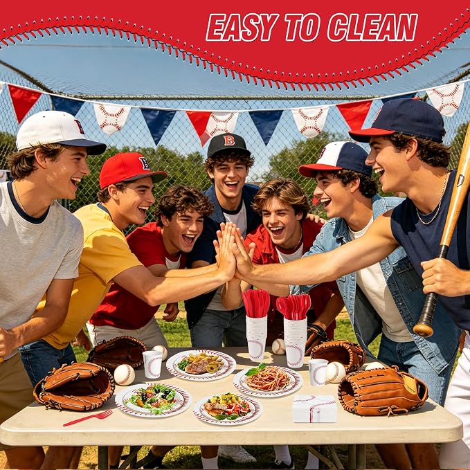 400 Pcs Disposable Baseball Party Tableware Set for 50 Guests | Heavy-Duty 7" & 9" Paper Plates, Cups, 13" Napkins & Plastic Cutlery for Game Day and Birthday Party Supplies