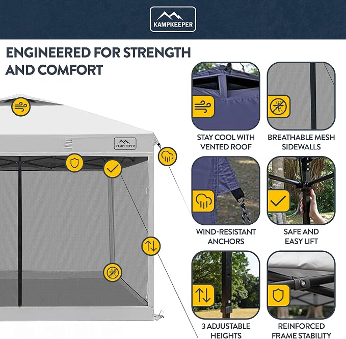 KAMPKEEPER 10x10 Pop-Up Canopy Tent, Waterproof Portable Shade with Screen Walls, Adjustable Instant Outdoor Shelter for Camping, Backyard, and Events, White